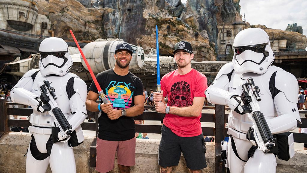 NASCAR Cup Series Drivers Ryan Blaney and Bubba Wallace with Stormtroopers in Star Wars: Galaxy’s Edge