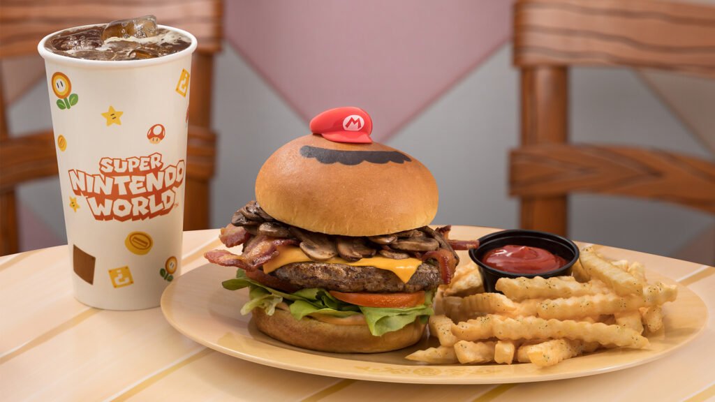 mario burger (bacon, mushroom & cheese) at toadstool cafe in super nintendo world at universal epic universe